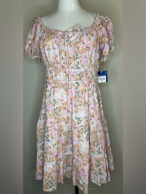 Arizona Jean Co Short Sleeve Mini Above Knee Dress Lavender Multi Color Floral L